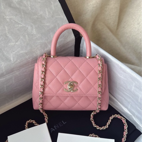 【 配件：帶票大全套 💕】Chanel coco handle nano 粉色 珊瑚粉色 金扣 荔枝牛皮 手提 單肩 斜挎