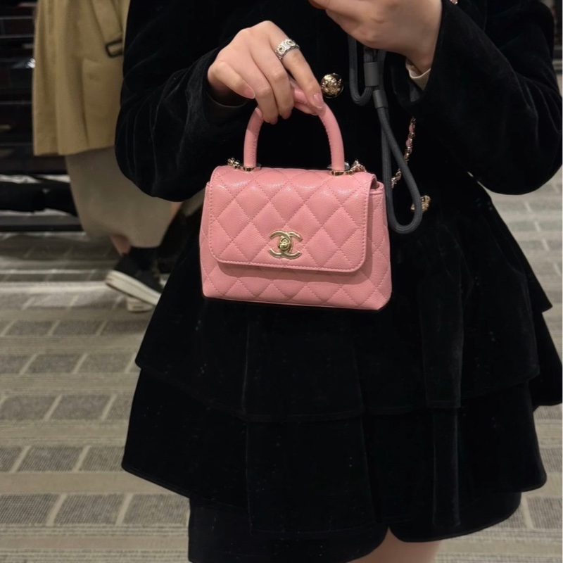 【 配件：帶票大全套 💕】Chanel coco handle nano 粉色 珊瑚粉色 金扣 荔枝牛皮 手提 單肩 斜挎-1