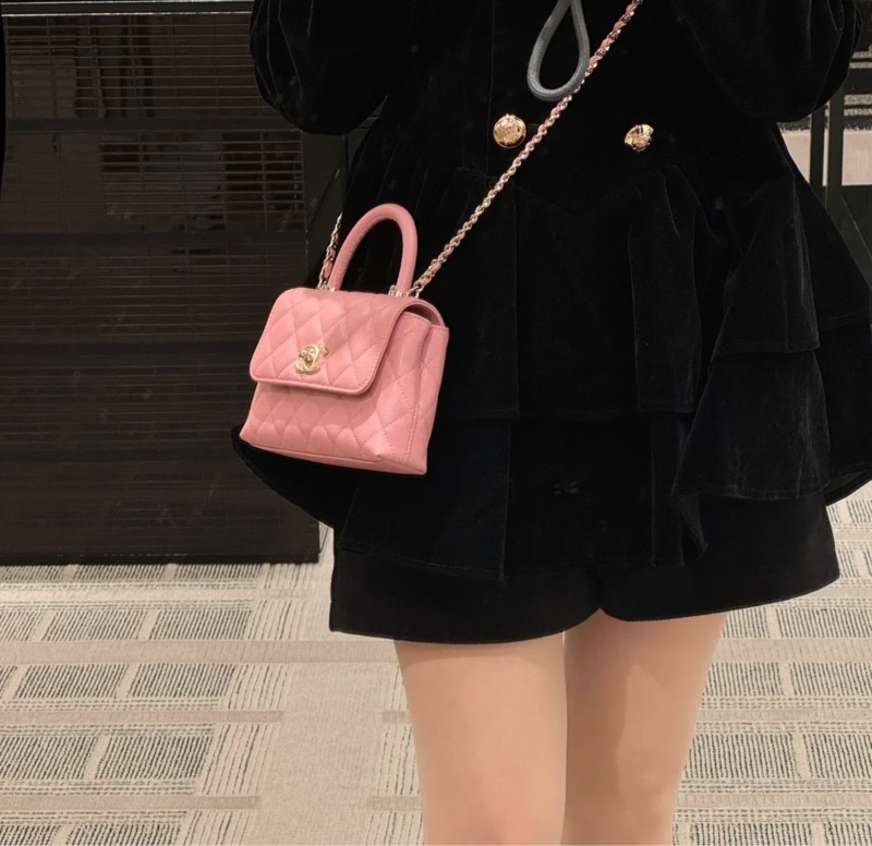 【 配件：帶票大全套 💕】Chanel coco handle nano 粉色 珊瑚粉色 金扣 荔枝牛皮 手提 單肩 斜挎-3