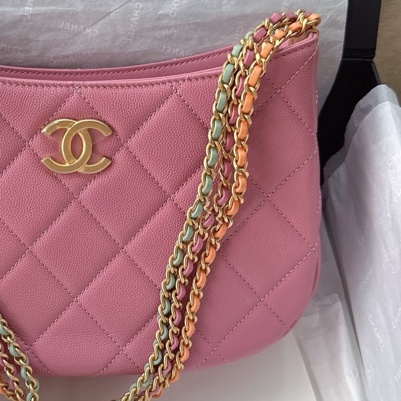 【配件:防塵袋 💕】Chanel 24C hobo 嬉皮包 粉色 珊瑚粉色 金扣 彩色鏈條 三色鏈條 荔枝牛皮 手提 腋下-2