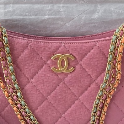 【配件:防塵袋 💕】Chanel 24C hobo 嬉皮包 粉色 珊瑚粉色 金扣 彩色鏈條 三色鏈條 荔枝牛皮 手提 腋下-3