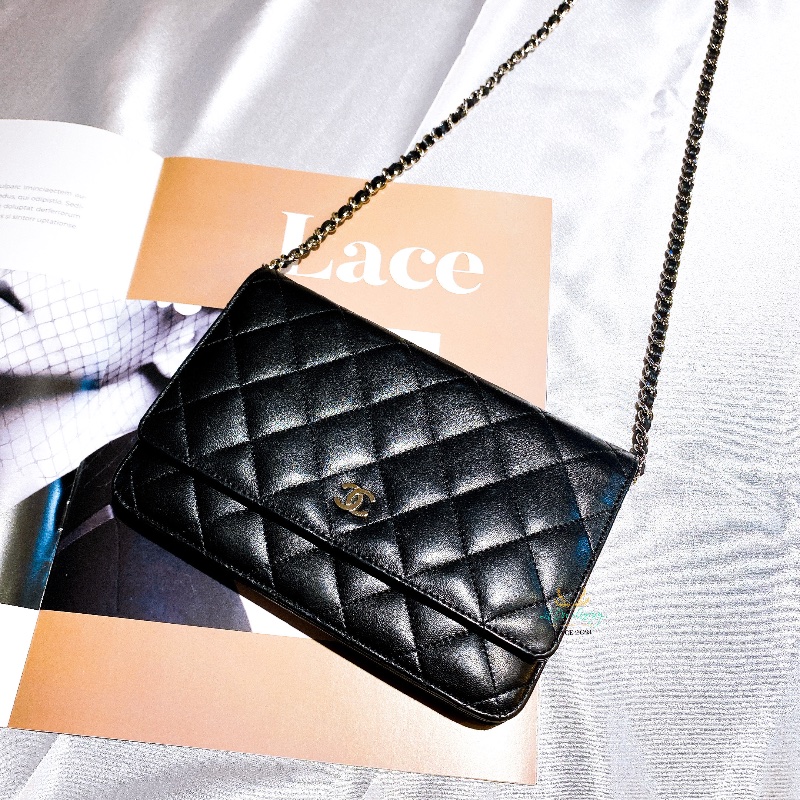 CHANEL 香奈兒 黑色 菱格紋 羊皮 銀釦 銀雙C 釦式 WOC 鏈子皮夾 晚宴包-0