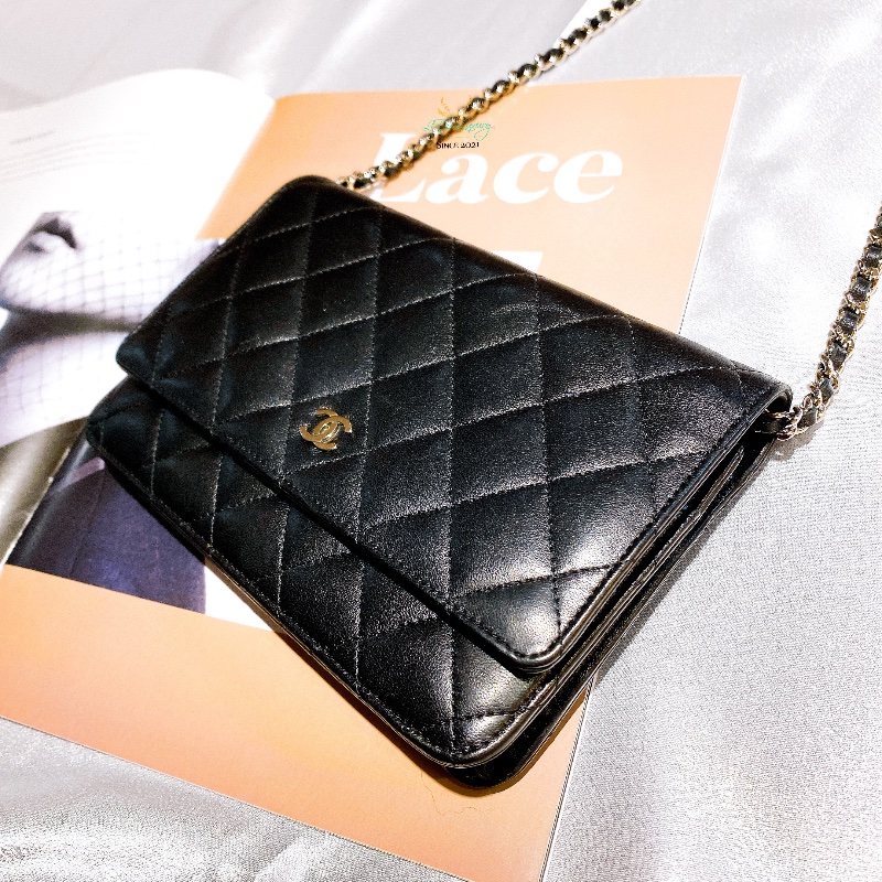 CHANEL 香奈兒 黑色 菱格紋 羊皮 銀釦 銀雙C 釦式 WOC 鏈子皮夾 晚宴包-1