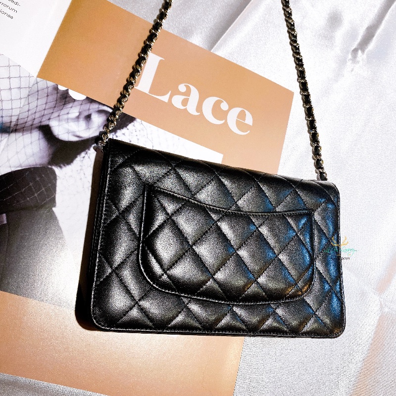 CHANEL 香奈兒 黑色 菱格紋 羊皮 銀釦 銀雙C 釦式 WOC 鏈子皮夾 晚宴包-2