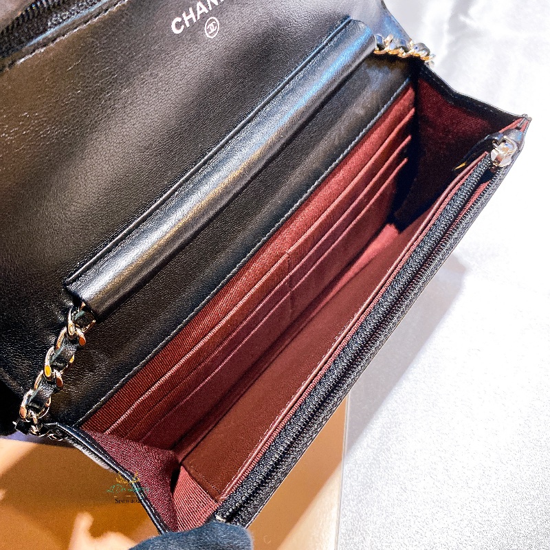 CHANEL 香奈兒 黑色 菱格紋 羊皮 銀釦 銀雙C 釦式 WOC 鏈子皮夾 晚宴包-4