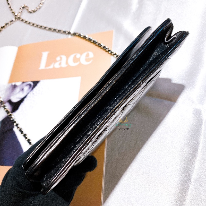 CHANEL 香奈兒 黑色 菱格紋 羊皮 銀釦 銀雙C 釦式 WOC 鏈子皮夾 晚宴包-5