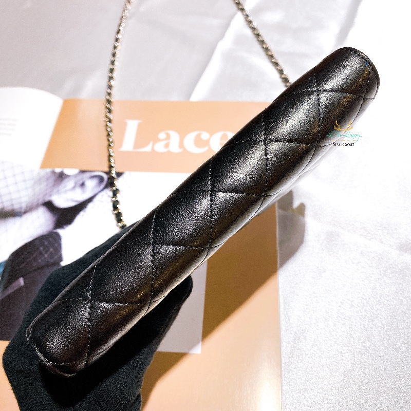 CHANEL 香奈兒 黑色 菱格紋 羊皮 銀釦 銀雙C 釦式 WOC 鏈子皮夾 晚宴包-6