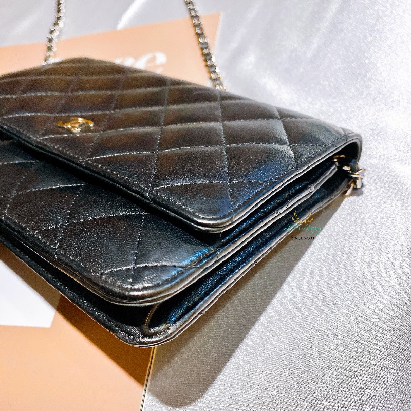 CHANEL 香奈兒 黑色 菱格紋 羊皮 銀釦 銀雙C 釦式 WOC 鏈子皮夾 晚宴包-7