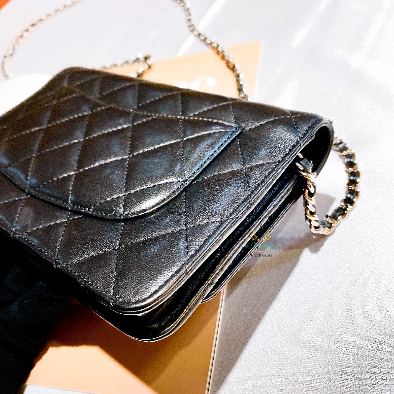 CHANEL 香奈兒 黑色 菱格紋 羊皮 銀釦 銀雙C 釦式 WOC 鏈子皮夾 晚宴包-9