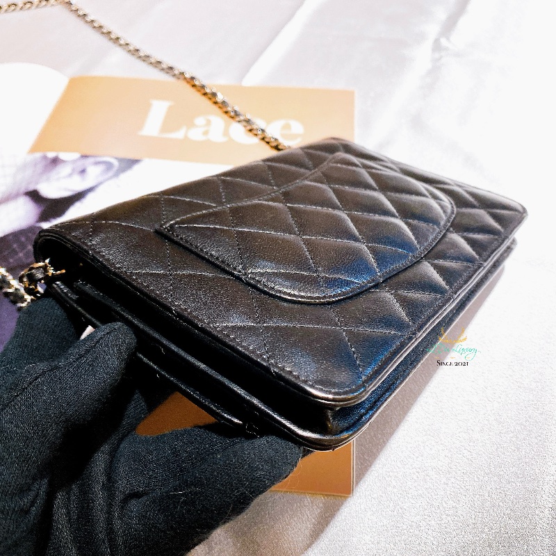CHANEL 香奈兒 黑色 菱格紋 羊皮 銀釦 銀雙C 釦式 WOC 鏈子皮夾 晚宴包-10