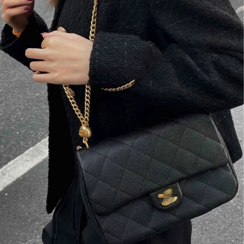 【配件：防塵袋  💕 】Chanel 23P cf 方胖子 黑金 黑色 金扣 愛心扣 荔枝牛皮 手提 單肩 斜挎-1