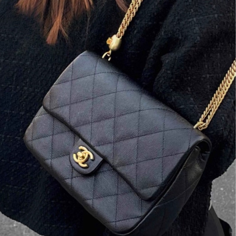 【配件：防塵袋  💕 】Chanel 23P cf 方胖子 黑金 黑色 金扣 愛心扣 荔枝牛皮 手提 單肩 斜挎-2