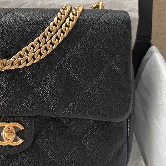 【配件：防塵袋  💕 】Chanel 23P cf 方胖子 黑金 黑色 金扣 愛心扣 荔枝牛皮 手提 單肩 斜挎-4