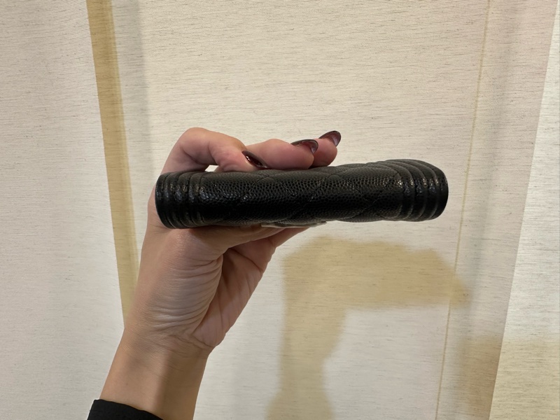 Chanel 黑荔枝皮霧銀釦Boy下蓋卡包A80603-4
