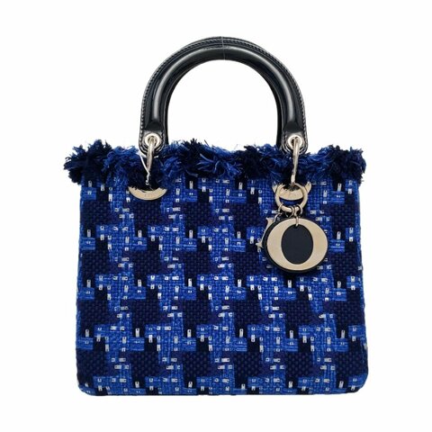 DIOR Lady Dior 中號 藍色織物刺繡千鳥格戴妃包手提包 銀色五金