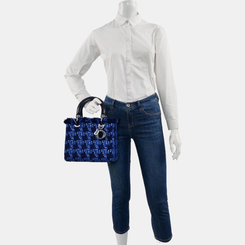 DIOR Lady Dior 中號 藍色織物刺繡千鳥格戴妃包手提包 銀色五金-1