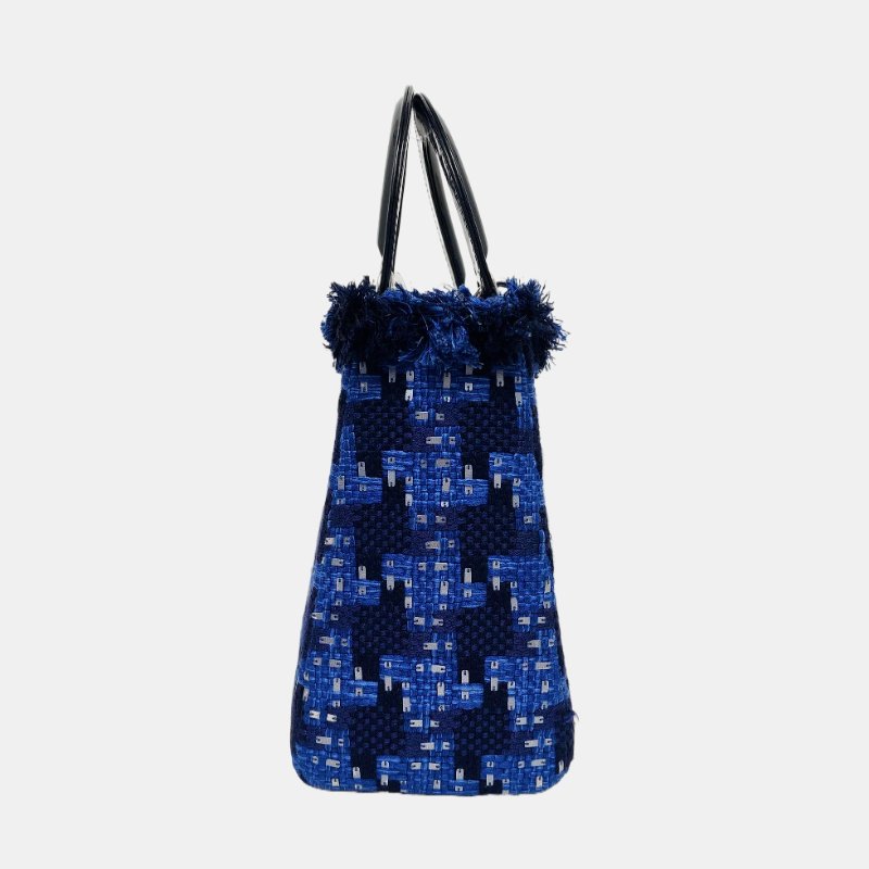 DIOR Lady Dior 中號 藍色織物刺繡千鳥格戴妃包手提包 銀色五金-3