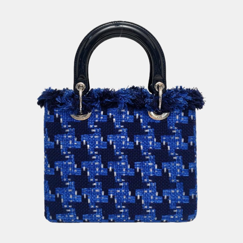 DIOR Lady Dior 中號 藍色織物刺繡千鳥格戴妃包手提包 銀色五金-4