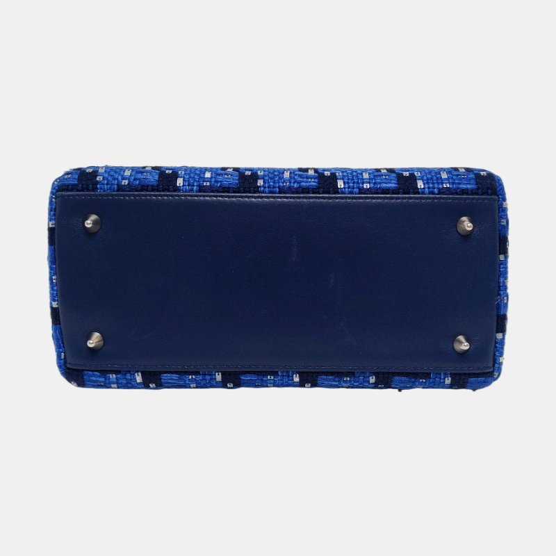 DIOR Lady Dior 中號 藍色織物刺繡千鳥格戴妃包手提包 銀色五金-5