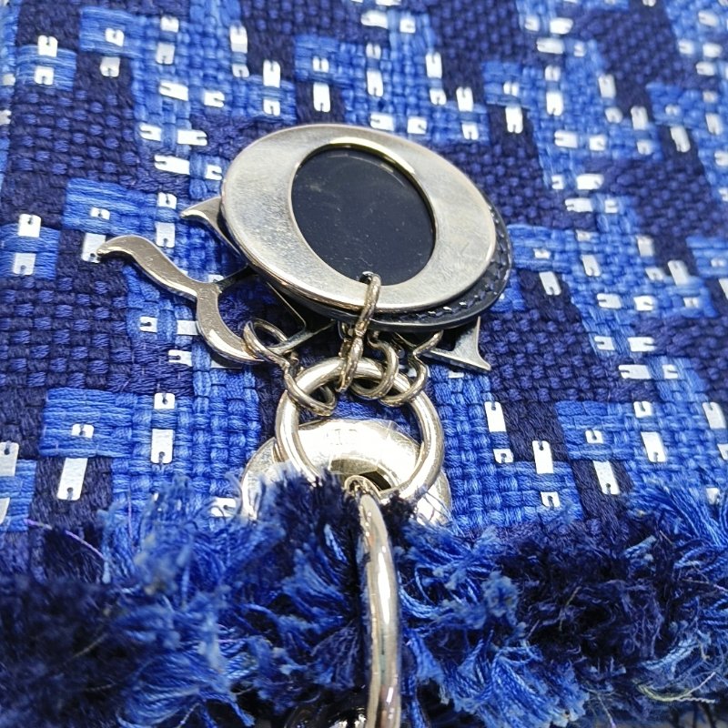 DIOR Lady Dior 中號 藍色織物刺繡千鳥格戴妃包手提包 銀色五金-7