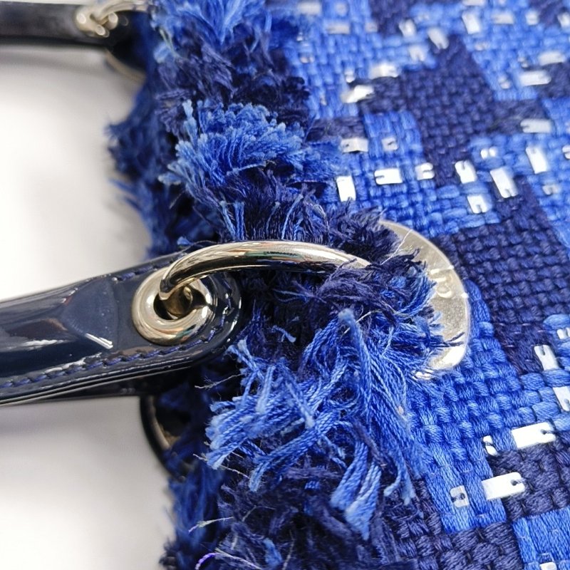 DIOR Lady Dior 中號 藍色織物刺繡千鳥格戴妃包手提包 銀色五金-10