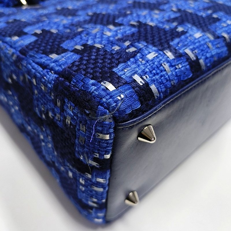 DIOR Lady Dior 中號 藍色織物刺繡千鳥格戴妃包手提包 銀色五金-12