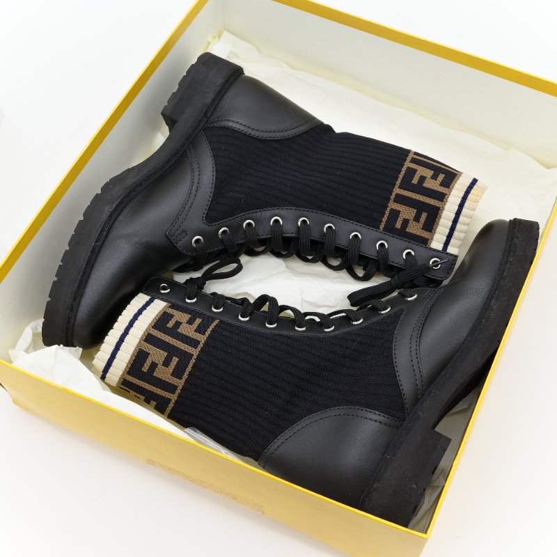 Fendi 芬迪 Rockoko 黑色 老花 皮革針織 拼接軍靴 機車靴-0