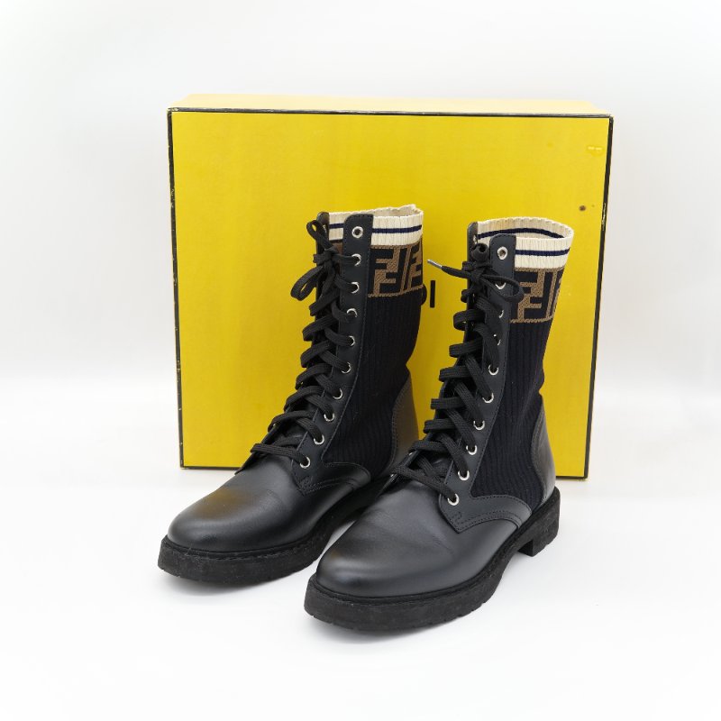 Fendi 芬迪 Rockoko 黑色 老花 皮革針織 拼接軍靴 機車靴-1