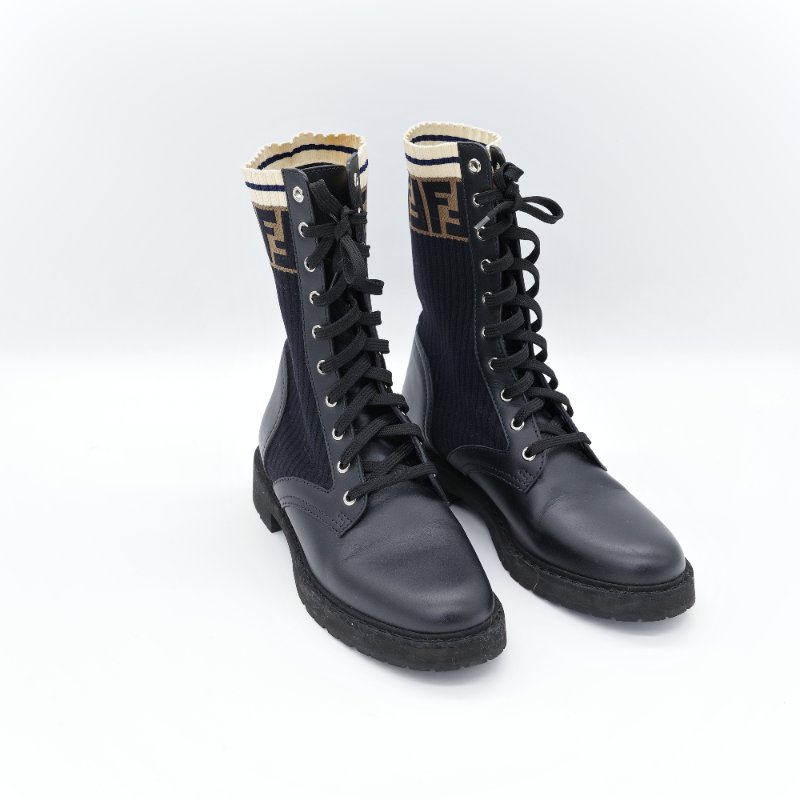 Fendi 芬迪 Rockoko 黑色 老花 皮革針織 拼接軍靴 機車靴-2