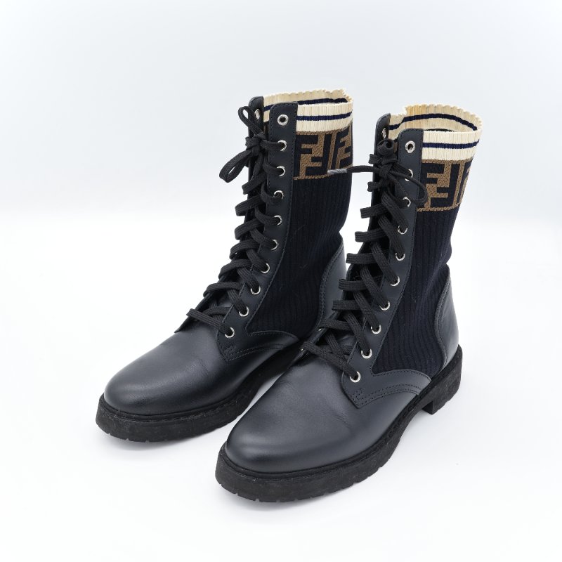 Fendi 芬迪 Rockoko 黑色 老花 皮革針織 拼接軍靴 機車靴-3
