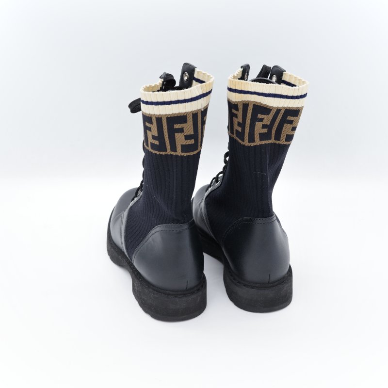 Fendi 芬迪 Rockoko 黑色 老花 皮革針織 拼接軍靴 機車靴-4