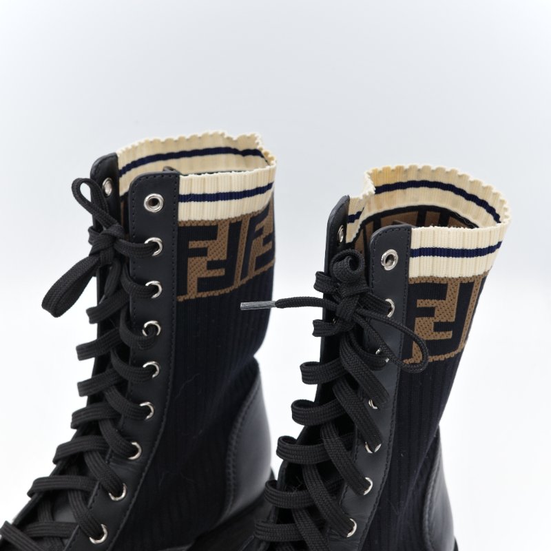 Fendi 芬迪 Rockoko 黑色 老花 皮革針織 拼接軍靴 機車靴-7
