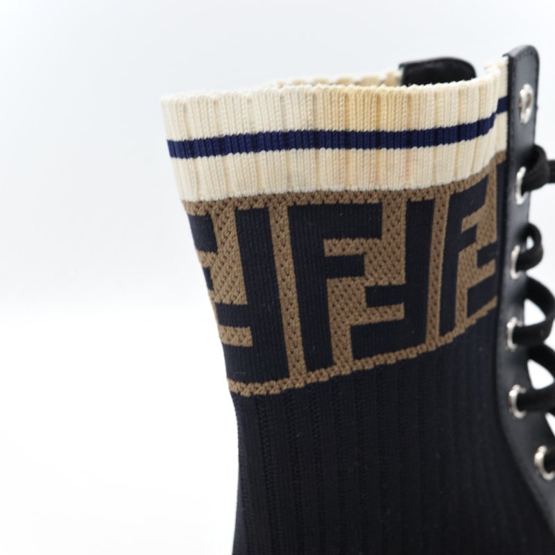 Fendi 芬迪 Rockoko 黑色 老花 皮革針織 拼接軍靴 機車靴-10