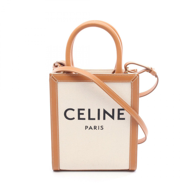 CELINE 迷你垂直翻蓋單肩手提包 193302 皮革帆布 米色 二手-0