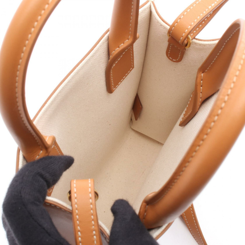 CELINE 迷你垂直翻蓋單肩手提包 193302 皮革帆布 米色 二手-2