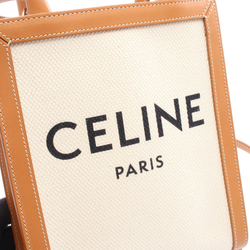 CELINE 迷你垂直翻蓋單肩手提包 193302 皮革帆布 米色 二手-3