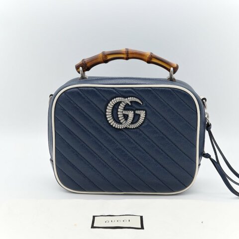 【CP 精選🌟小編推薦】Gucci 古馳 Marmont 深藍色 牛皮 銀扣 竹節 手提包 鏈條包 斜挎包 單肩包