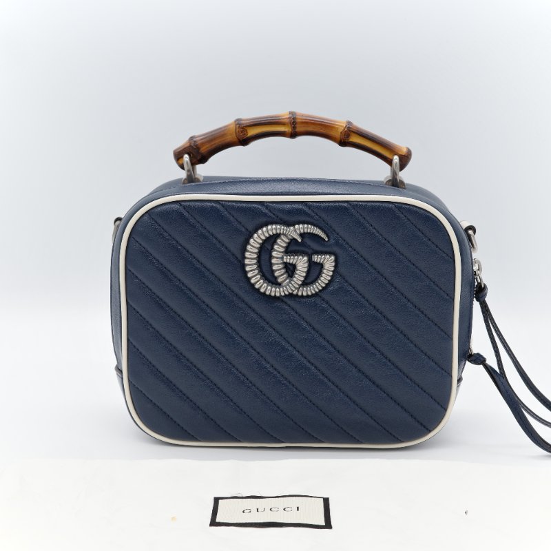 【CP 精選🌟小編推薦】Gucci 古馳 Marmont 深藍色 牛皮 銀扣 竹節 手提包 鏈條包 斜挎包 單肩包-0