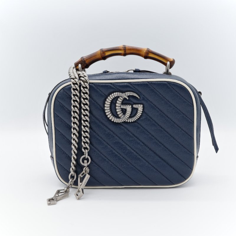 【CP 精選🌟小編推薦】Gucci 古馳 Marmont 深藍色 牛皮 銀扣 竹節 手提包 鏈條包 斜挎包 單肩包-1