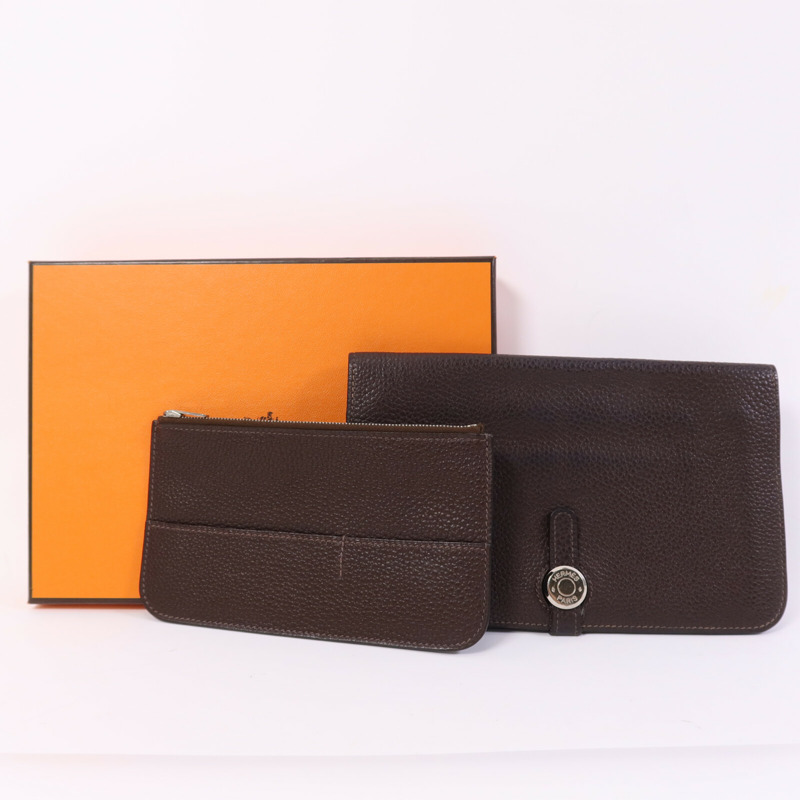 HERMES Clemence皮革Dogon GM銀扣長錢包-9