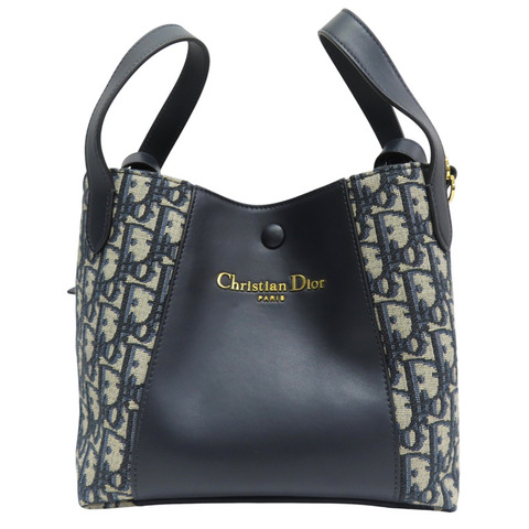 藍色 提花帆布 牛皮 Signature Bucket 水桶包 肩背包【Dior 迪奧】