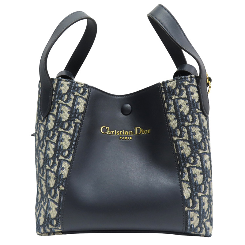 藍色 提花帆布 牛皮 Signature Bucket 水桶包 肩背包【Dior 迪奧】-0