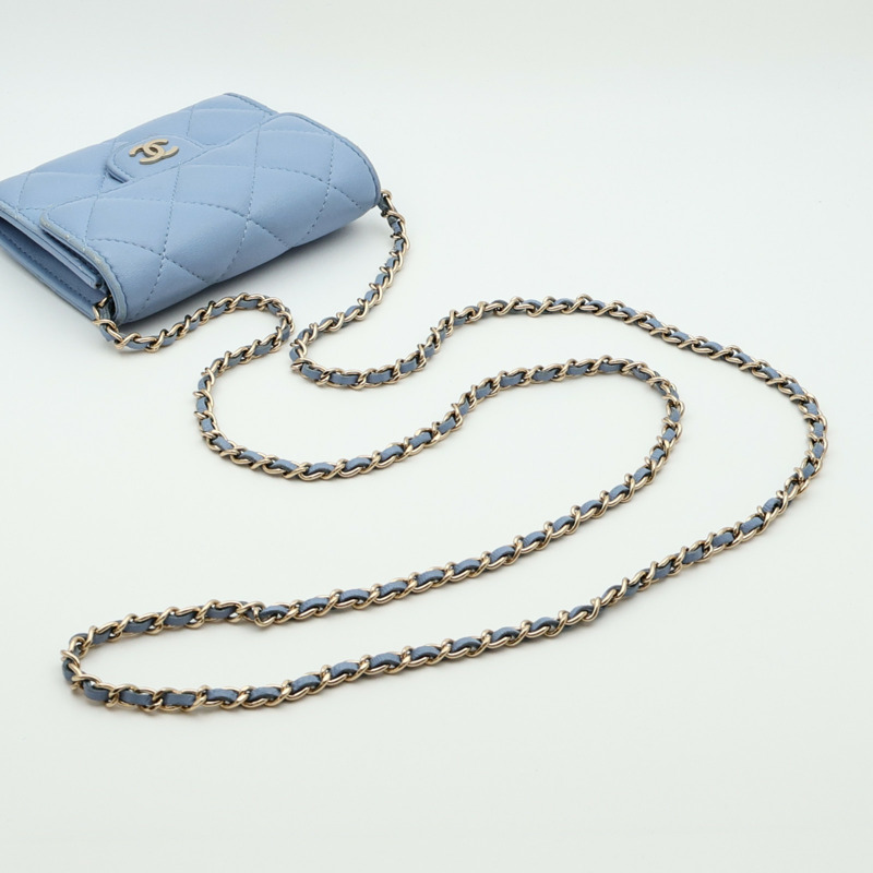 CHANEL 羊皮皮革Card Holder On Chain金扣鏈帶肩背袋-8