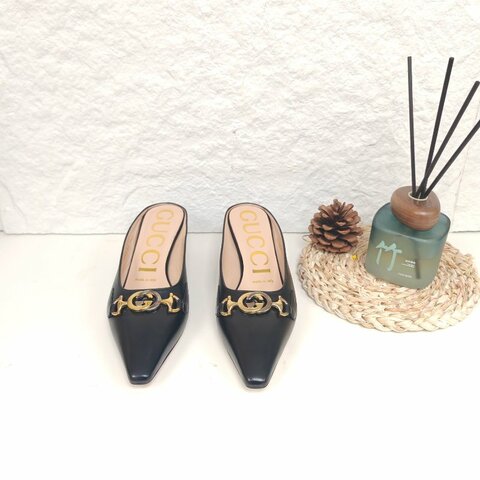 Gucci 古馳 黑色真皮 小貓跟拖鞋 37碼