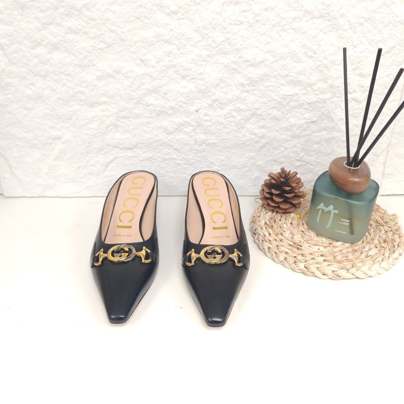 Gucci 古馳 黑色真皮 小貓跟拖鞋 37碼-0