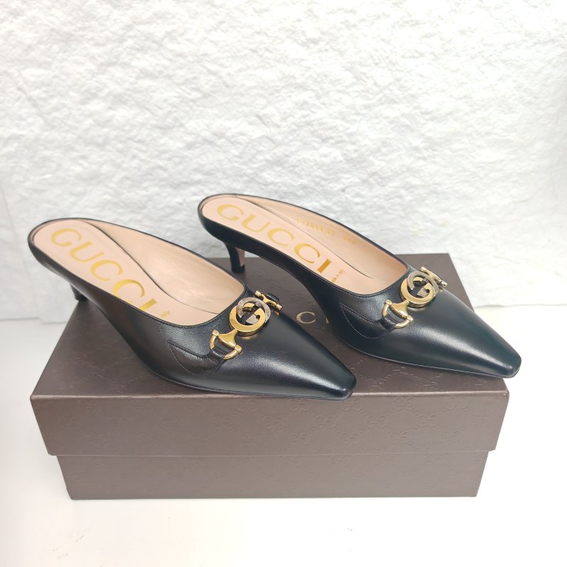 Gucci 古馳 黑色真皮 小貓跟拖鞋 37碼-1