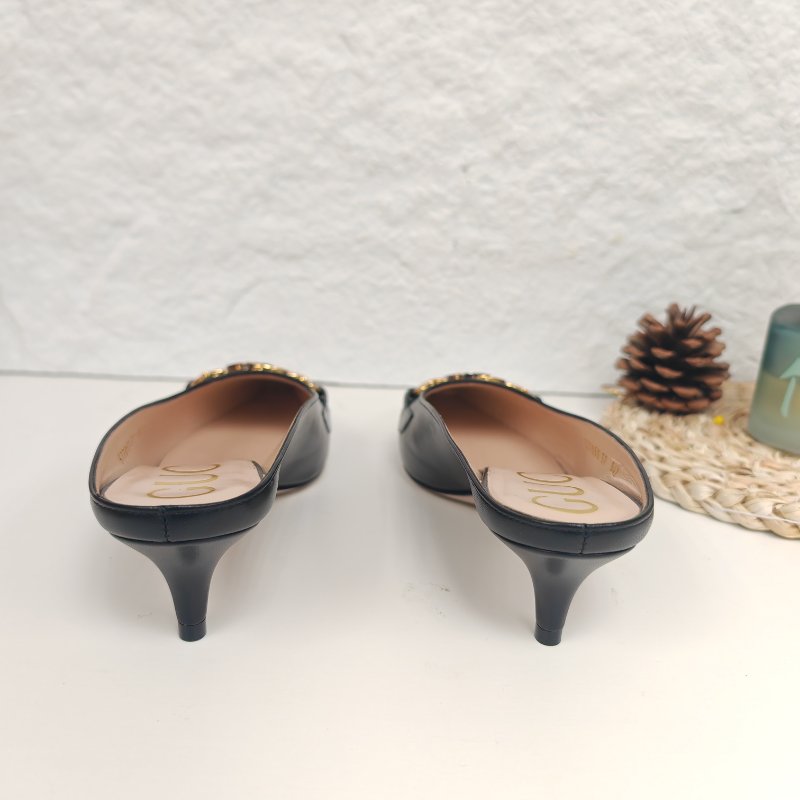 Gucci 古馳 黑色真皮 小貓跟拖鞋 37碼-3