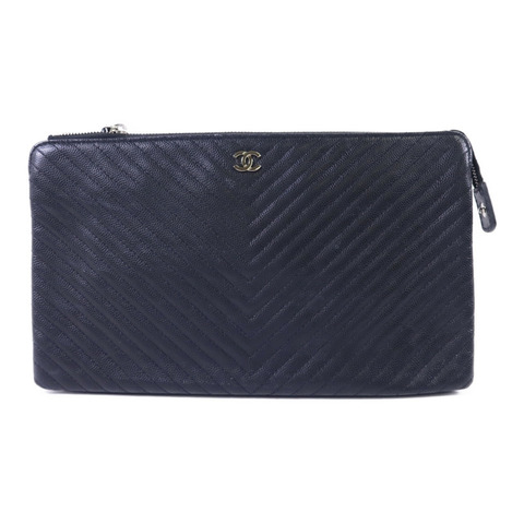 CHANEL 牛皮皮革Pouch銀扣小袋