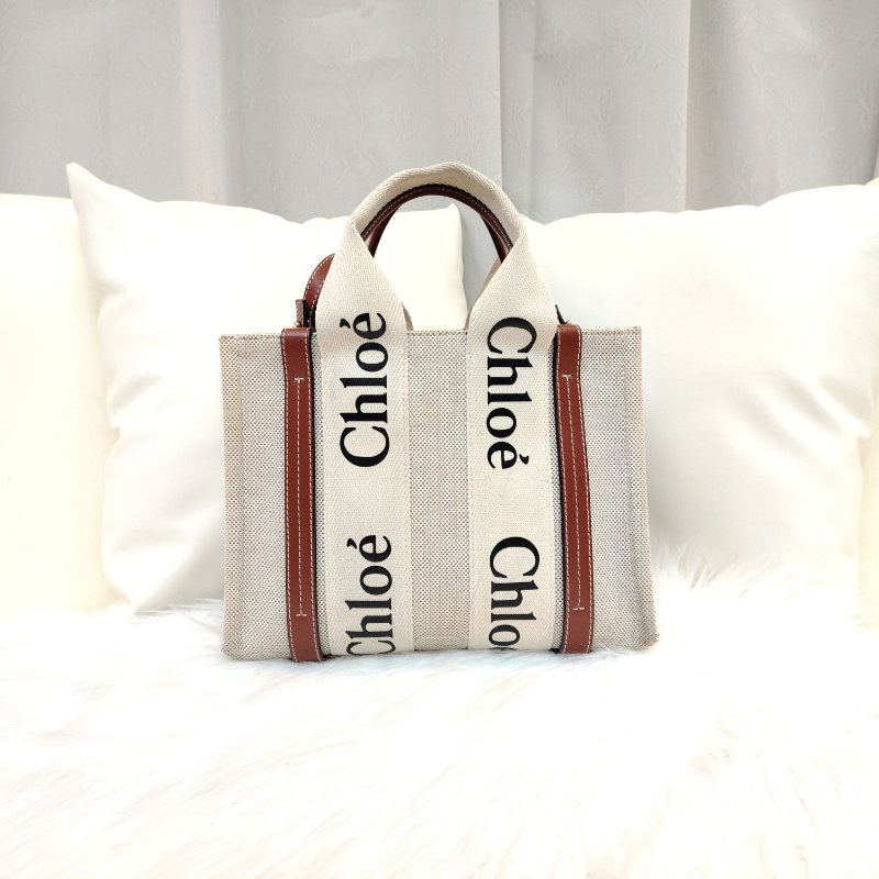 Chloe 蔻依 Woody 米色拼棕色 LOGO印花 帆布拼牛皮 小號 托特包-0