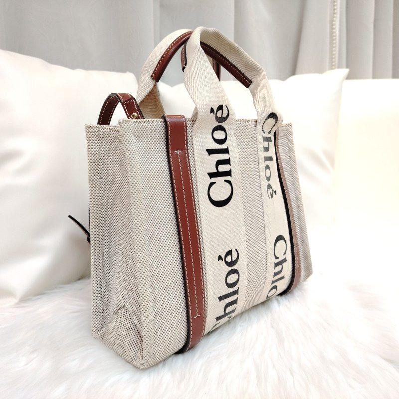 Chloe 蔻依 Woody 米色拼棕色 LOGO印花 帆布拼牛皮 小號 托特包-1